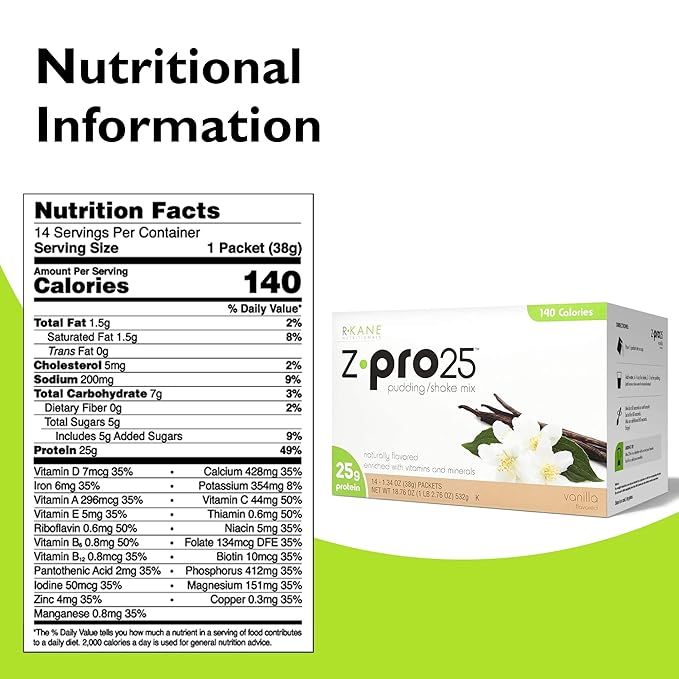 Z-Pro Vanilla Protein Drink Mix - High Protein, Low Calorie Low Fat Shake and Pudding Mix - Meal Replacement, On-the-Go Packets - Breakfast Boost - 25g Protein - 14 Packets