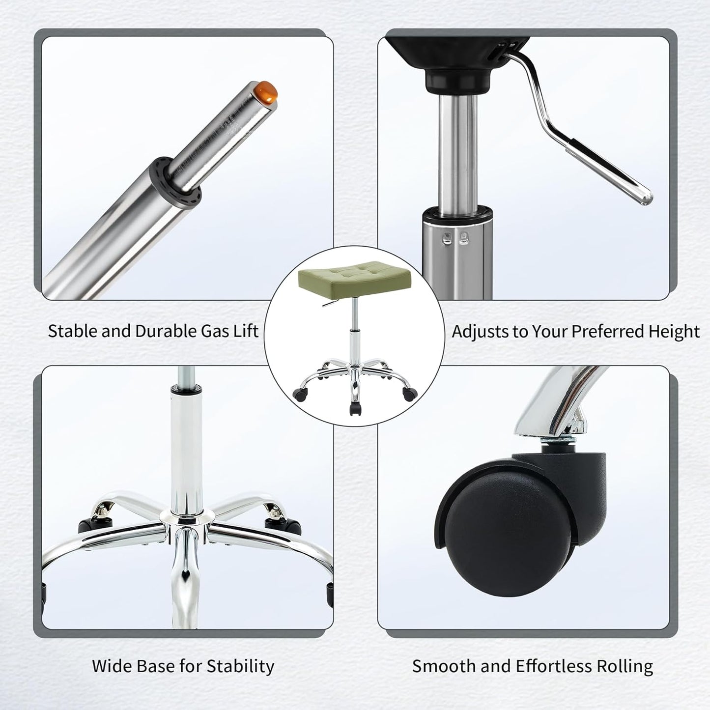 Adjustable Work Stool with Wheels (300lbs Capacity) (Saddle Shaped Seat) Faux Leather Workbench Stool (Green)