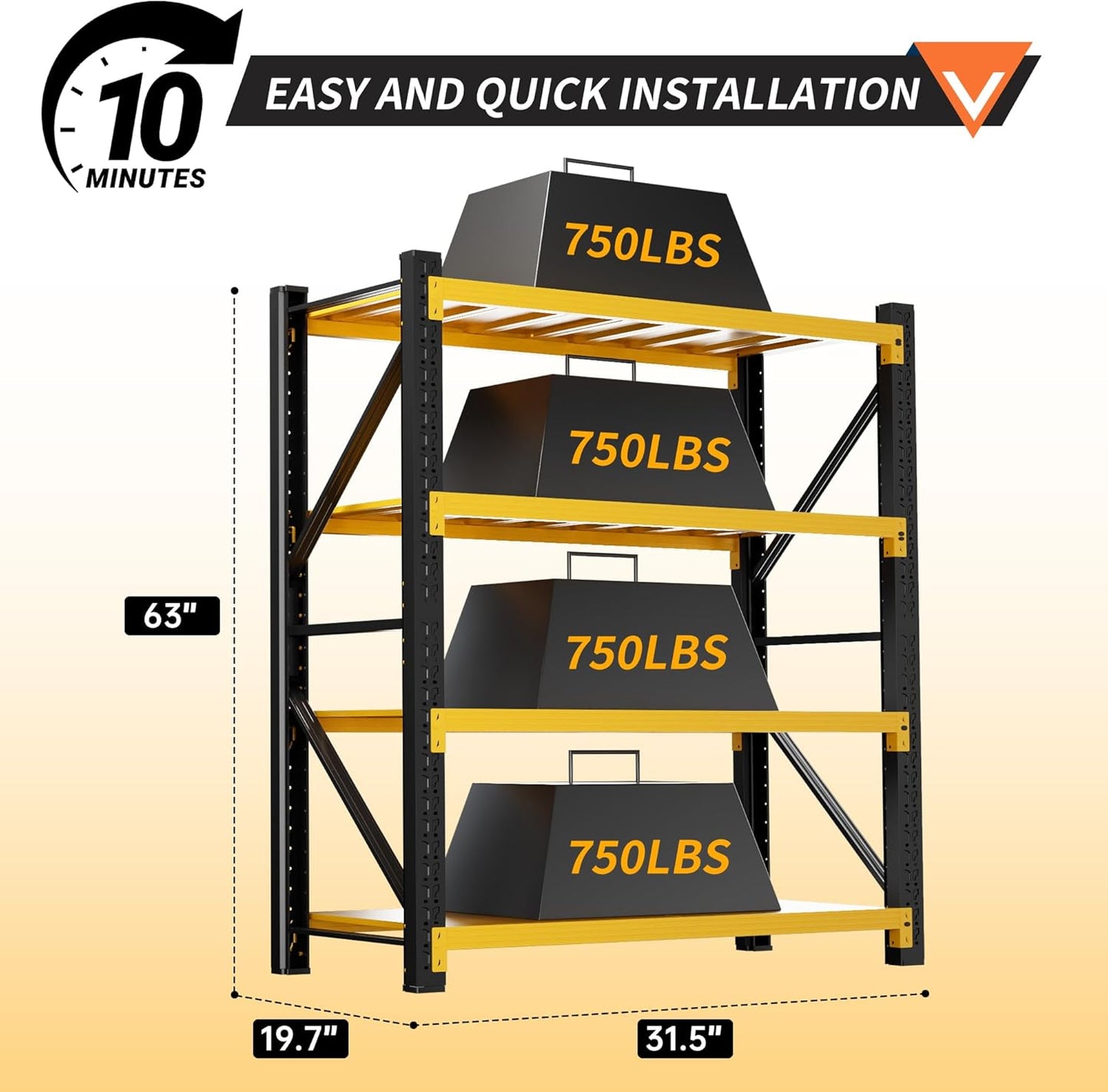3000LBS Garage Shelving 32" W Garage Shelving Heavy Duty 4-Tier Metal Storage Shelves Adjustable Shelf Unit Storage Rack for Basement Supermarket Warehouse 32" W x 20" D x 63" H Yellow