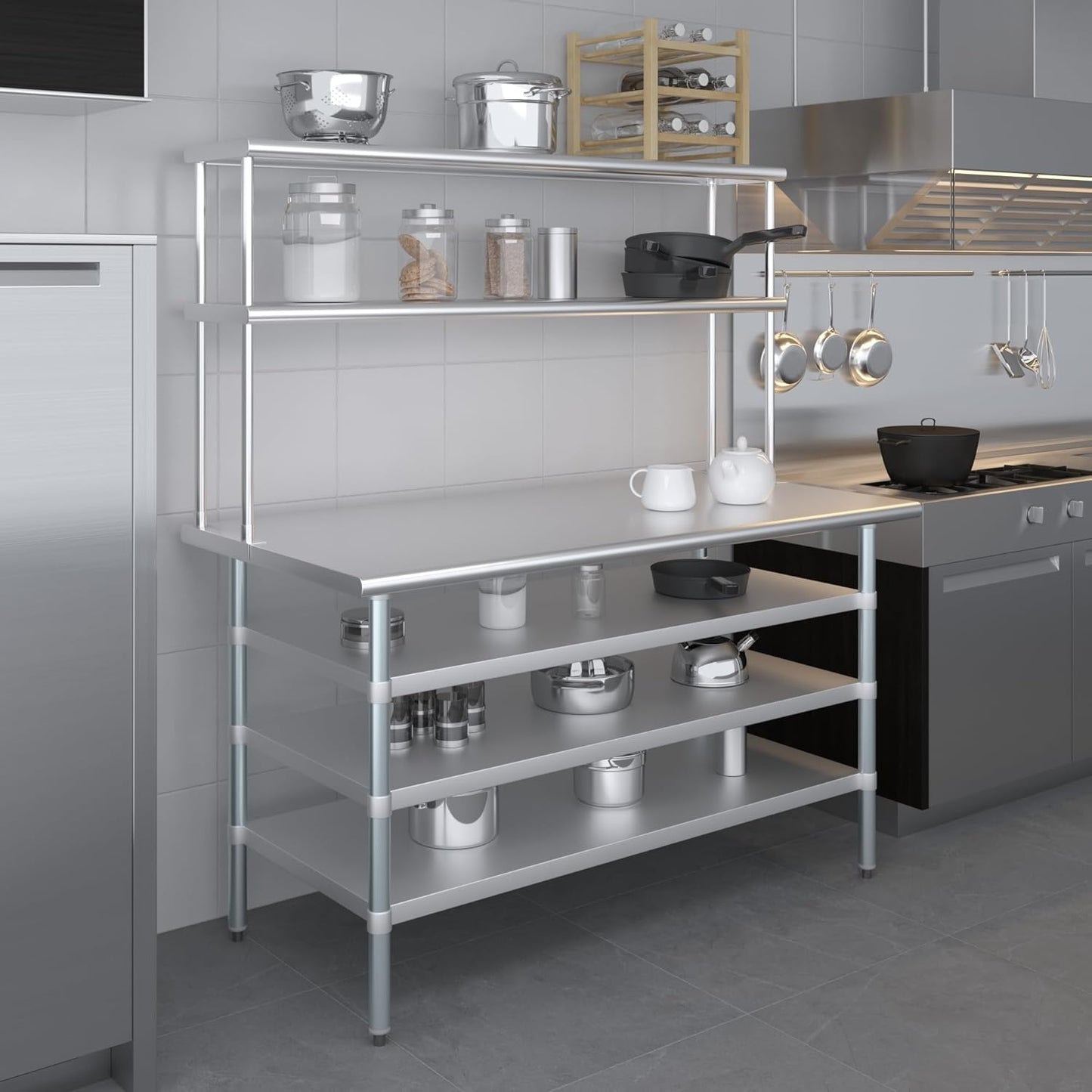 Amgood 30" x 60" Stainless Steel Work Table with 3 Shelves and 12" Wide Double Tier Overshelf | Metal Kitchen Prep Table & Shelving Combo | NSF