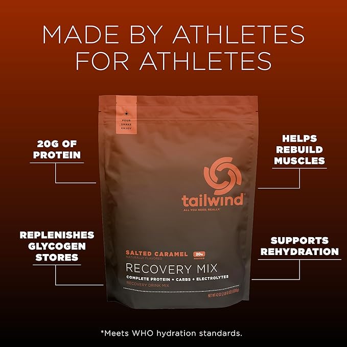 Tailwind Nutrition Recovery Mix, 20 Grams Complete Protein, Carbohydrates, and Electrolytes Powder Drink Mix for Post-Workout, Free of Gluten, Soy, and Dairy, Vegan, 20 Servings, Salted Caramel