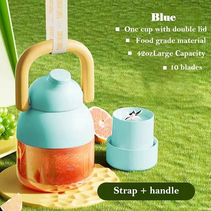 41oz,Portable Blender for Shakes and Smoothies, Leak-proof Water Bottle with Removable Straw, Handle, Lid and Shoulder Strap, BPA-free, Type-C Rechargeable, Cordless Portable Juicer，Blue
