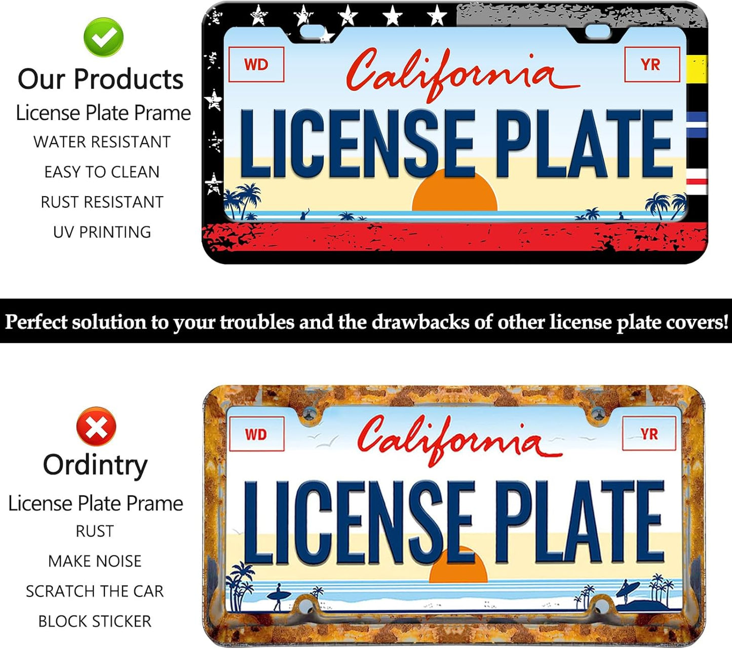 American Flag License Plate Frames - 2 Pack Colorful US Flag Stainless Steel License Plate Holder,Rust-Proof Waterproof Car Decorative Tag Frame with Screws Fasteners Caps