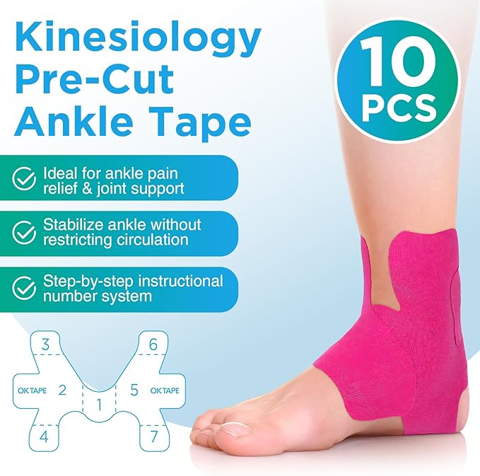 OK TAPE Precut Kinesiology Ankle Tape, 10 Pcs, Pain Relief, Prevent Ankle Sprain, Provide Support for Ankle Ligament, Elastic Athletic Tape, Breathable K Tape for Daily use - Pink