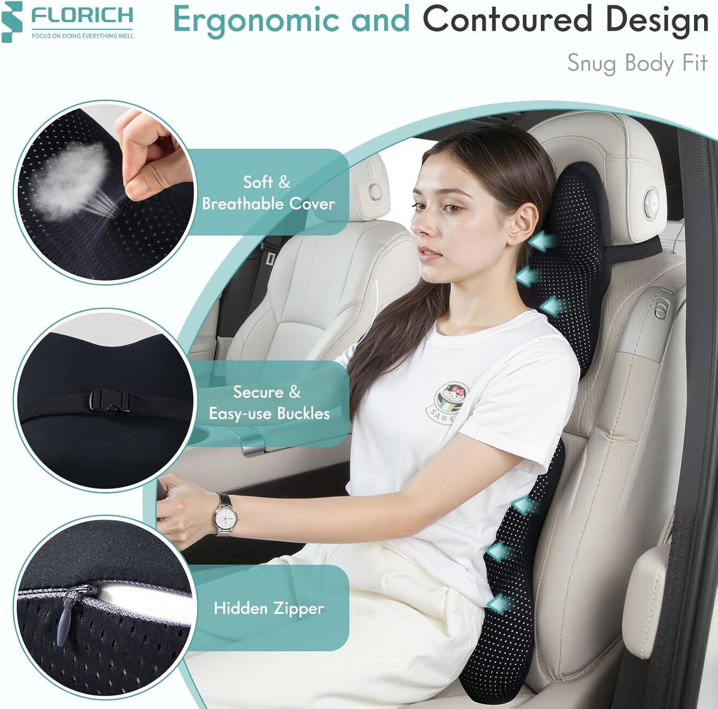 FLORICH Lumbar Support Pillow and Neck Headrest Pillow for Office Chair Car, Ergonomic Memory Foam, Relieves Neck, Back Pain, Pressure-Relieving Back Support for Car, Office Chair & Wheelchair – Black