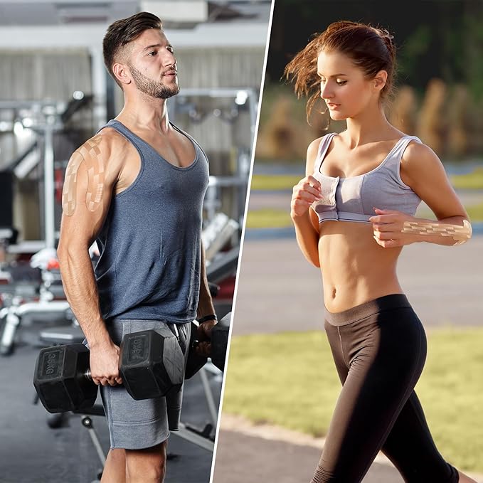 Kinesiology Tape, 2 Rolls Hypoallergenic Athletic Tape for Muscle Strain Relief & Joint Support, Waterproof & Breathable Sports Tape for Pain Relief, 2in x 16ft Uncut Roll-Stripe (Beige)