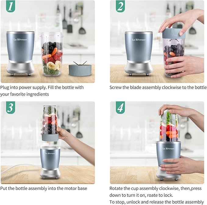 La Reveuse Personal Size Blender 250 Watts Power for Shakes Smoothies Seasonings Sauces with 1 Piece 15 oz Cup,1 Piece 10 oz Mug,BPA-free (Pearl Blue)