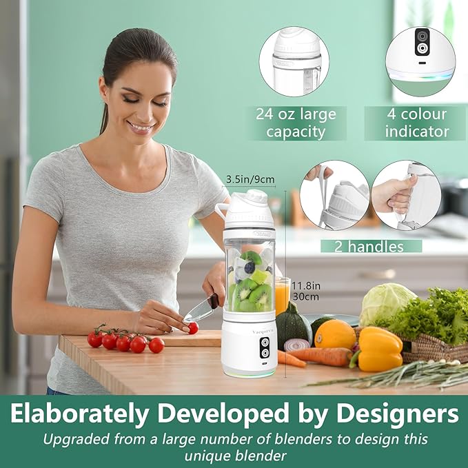 Portable Blender for Shakes and Smoothies, 24oz Travel Blender 300Watt on the Go Blender Type-C Rechargeable Personal Blender with a Travel Lid & 2 Working Mode BPA Free Bottle(White)