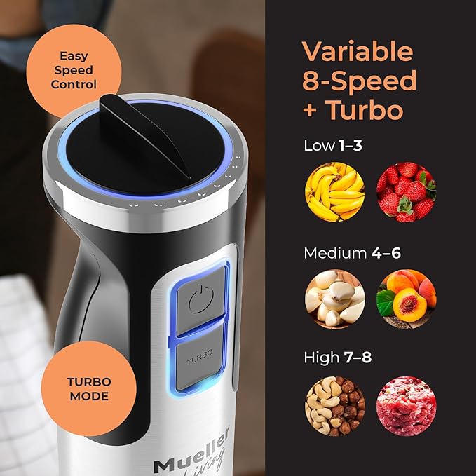 MuellerLiving Immersion Blender Handheld - 8 Speed Stainless Steel Electric Hand Blender, Emulsion Blender Stick Kitchen Gadget with Turbo Mode