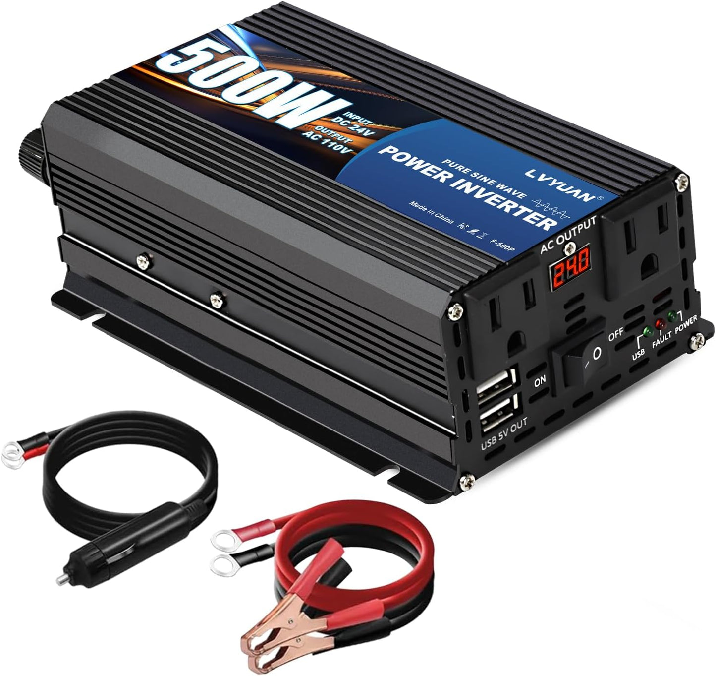 LVYUAN 500 Watt Pure Sine Wave Power Inverter 24V to 110V/120V DC to AC Converter with Dual Sockets, Dual USB Ports, LED Display for Home Outdoor RV Car Power Inverter Power Adapter