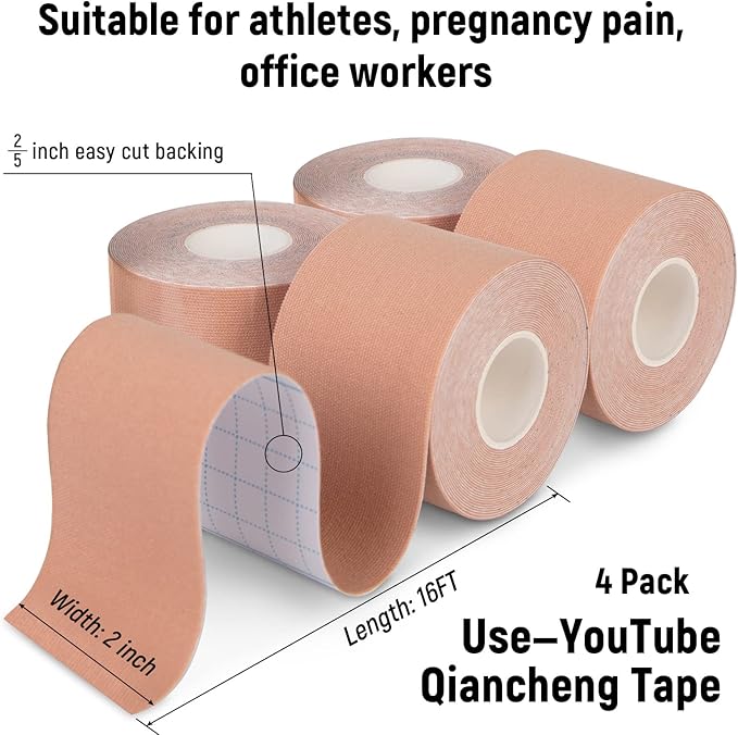 4 Pack Kinesiology Tape for Sports Athletes - 16 FT Waterproof Athletic Tape for The Knee, Elbow and Shoulder Muscles, etc. (Beige)