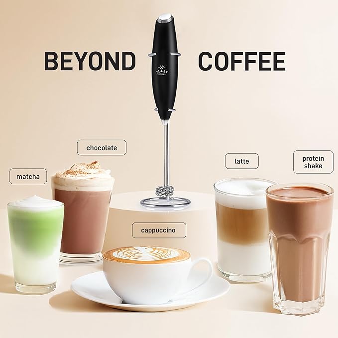Zulay Kitchen Powerful Double Whisk Milk Frother Handheld - Foam Maker With Stand - Whisk Drink Mixer for Coffee, Mini Foamer for Latte, Matcha, Frappe, Hot Chocolate & Cappuccino (Black)