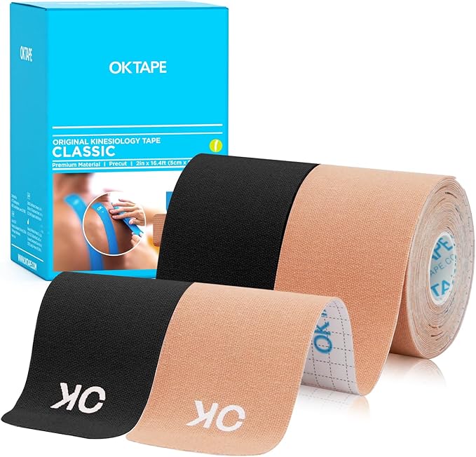 OK TAPE Kinesiology Tape 10 inches Precut, 20 Strips, Cotton Elastic Athletic Tape Latex Free, 2inch x 16ft, 2 Rolls Beige and Black