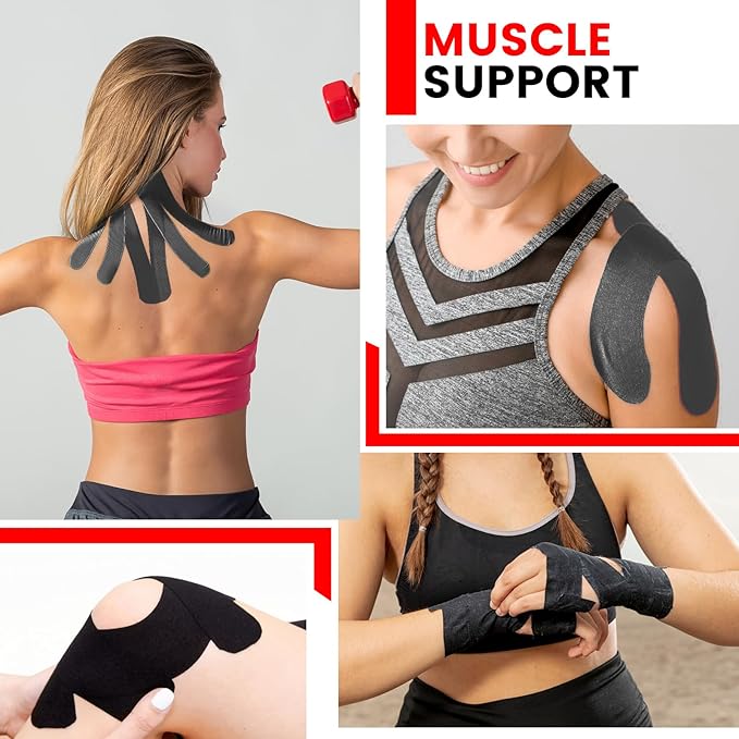 60PCS Precut Kinesiology Tape Strips, 2 inch x 10 inch Athletic Tape, Kinetic Tape, Elastic Muscle Tape, Sports Tape, Knee Tape for Exercise and Daily Use - Black