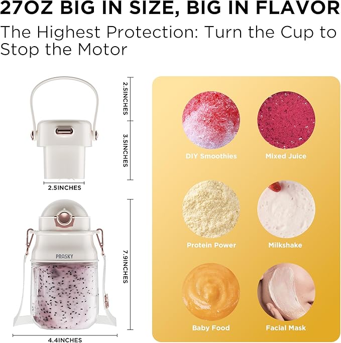 Personal Blender, Portable Blender for Shakes and Smoothies with 27oz Cup and Lid, Type-C Rechargeable, Dishwasher Safe Parts, BPA-free, Sports/Travel/Hiking/Office/School, with Shoulder Strap