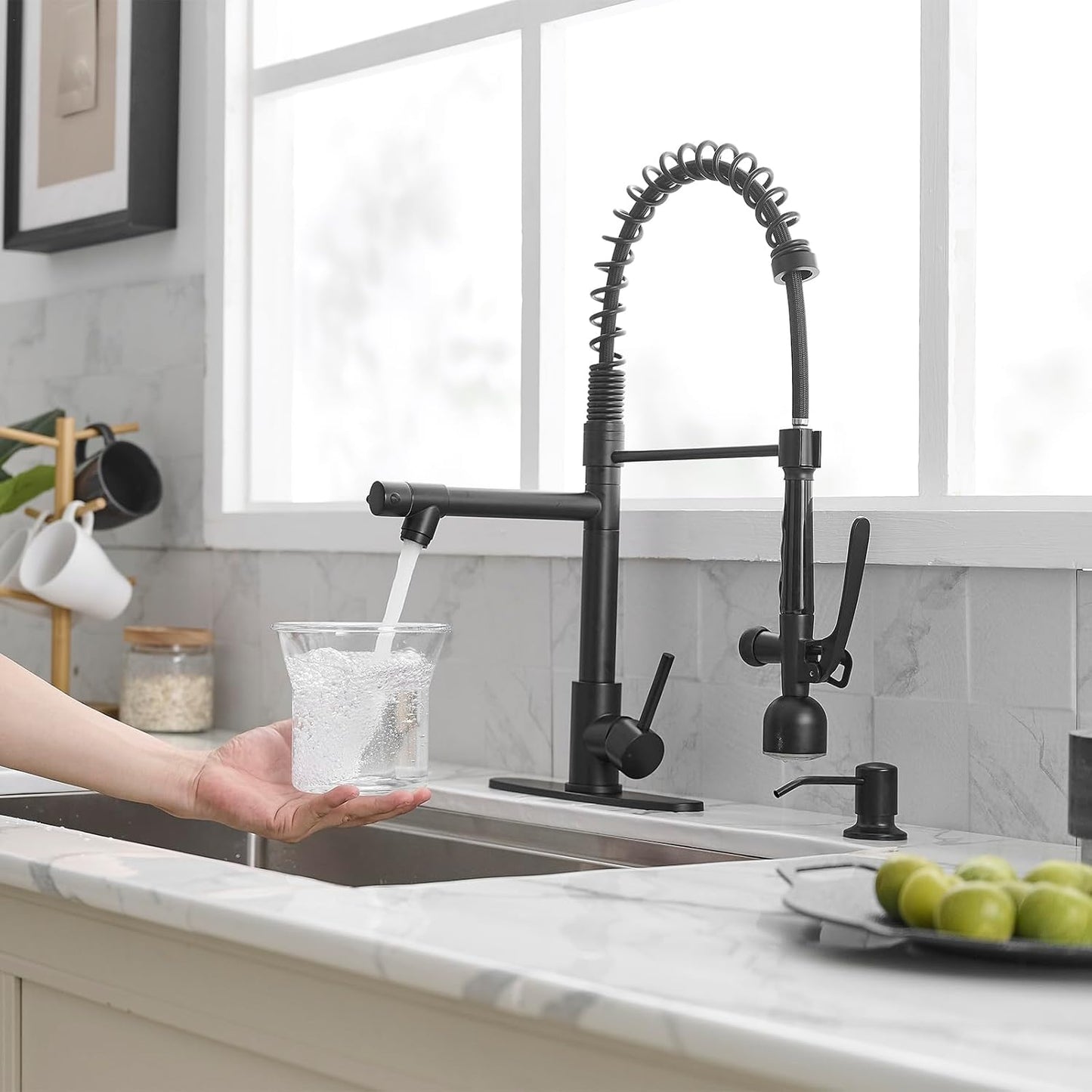 Fapully Commercial Kitchen Faucets with Pull Down Sprayer Matte Black LED Single Handle Faucet for Kitchen Sink, Kitchen Faucet with Soap Dispenser and Deck Plack for 4 Hole