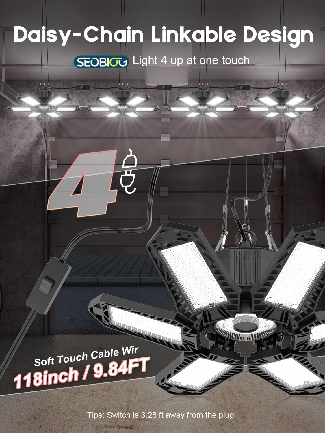 SEOBIOG LED Garage Lights 4 Pack, 200W 20000LM Plug in Linkable LED Shop Light, 6500K Ceiling Light Fixtures with 6+1 Deformable Panels for Garage, Work Bench (Built-in ON/Off Switch)