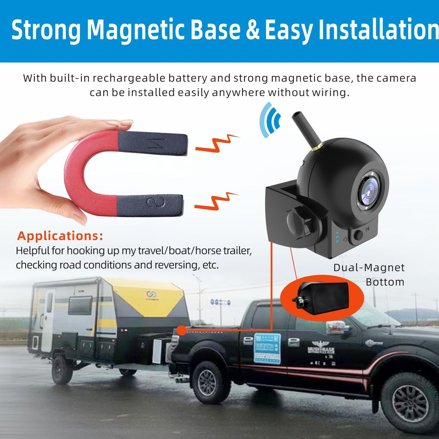 720P WiFi Backup Camera-Wireless Magnetic Reversing Camera with Rechargeable Battery, for Hitching Gooseneck Horse/Fifth Wheels Camper/RV/Trailer/Truck/Minivan, IP68 Waterproof