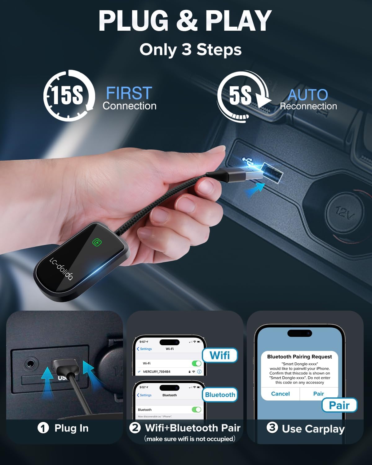 LC-dolida Wireless CarPlay Adapter for Apple -Convert Wired to Wireless Adapter Dongle Cars, Plug and Play for iOS 10+&Cars 2017