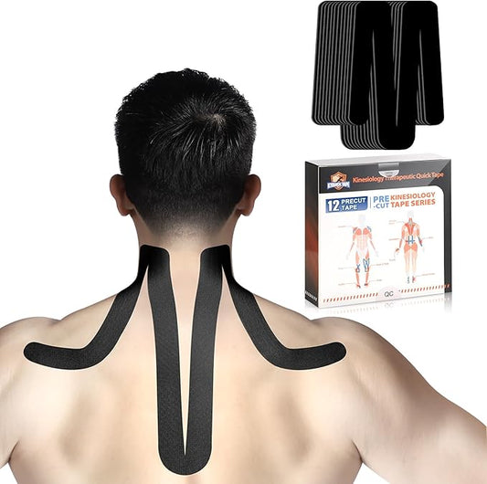 Kinesiology Tape for Shoulder&Neck, 12 Count Shoulder&Neck Tape Precut, KTQUICK Original Cotton Waterproof & Breathable, Enhance Elastic Kinesiology Athletic Tape for Shoulder&Neck Support (Black)
