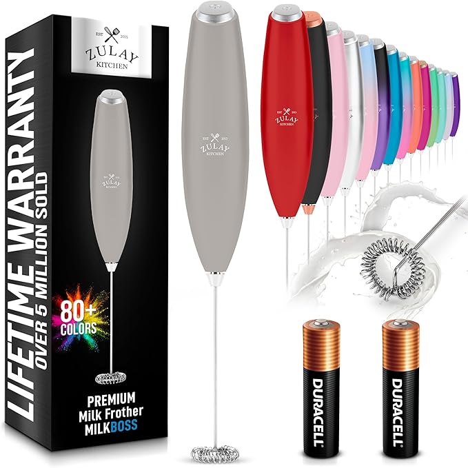 Zulay Kitchen Handheld Milk Frother with Duracell AA Batteries – Ultra Fast Electric Mixer & Foam Maker, Easy-Clean Drink Mixer for Coffee & More