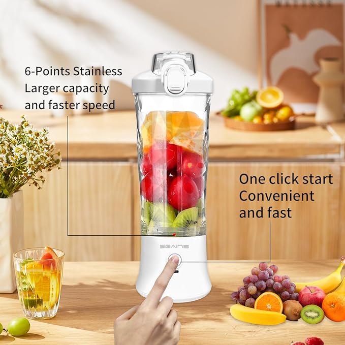 Portable Blender, Personal Blender for Shakes and Smoothies with 20 Oz Travel Cup and Lid, Mini Personal Size Blender with 6 Blades and USB Rechargeable for Gym, Kitchen and Outdoors (White)