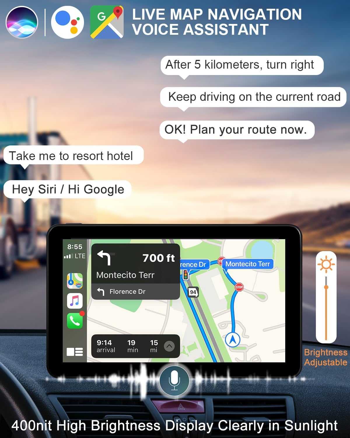 Compatible Wireless Apple CarPlay Android Auto Screen fo Car, 7" HD Backup Camera Portable Stereo Bluetooth Touch Screen, GPS Navigation, Mirror Link, Siri, AirPlay, FM, AUX