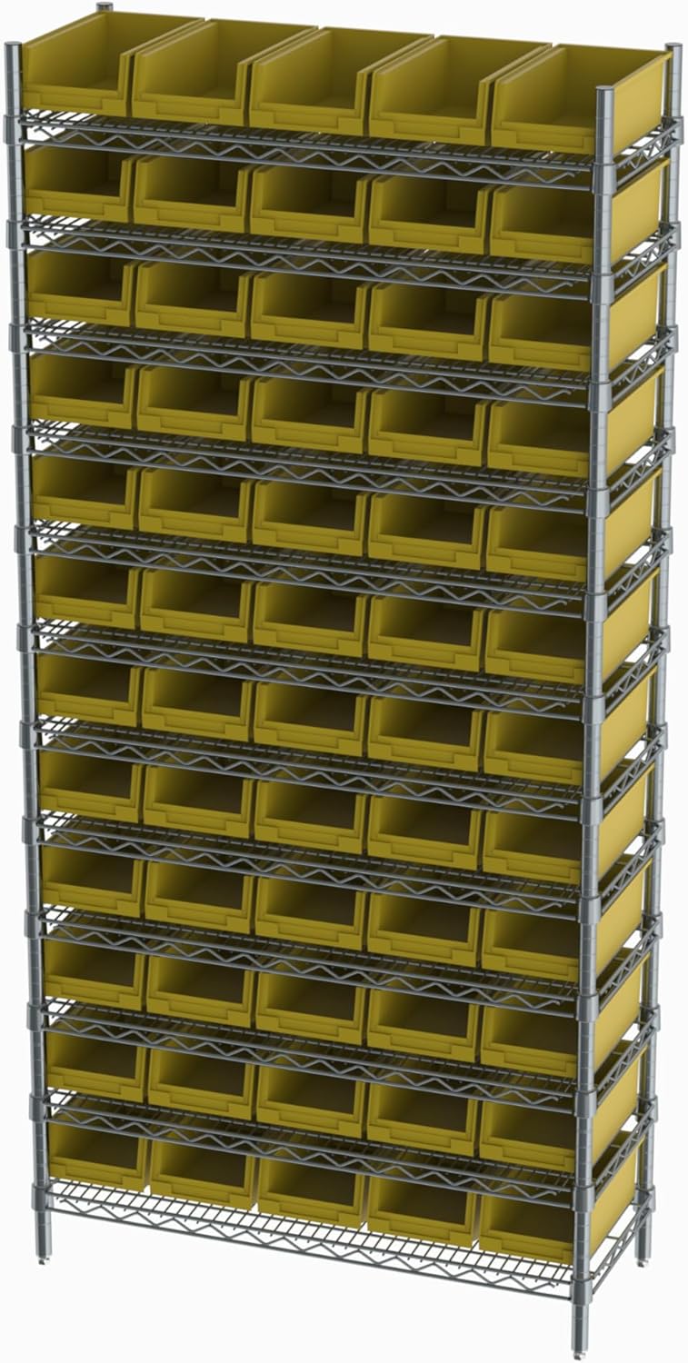 Hudson Exchange 36x14x74, 12-Tier (60 Bins Included), Industrial Wire Shelving Unit with Storage Shelf Bins, Chrome Rack (Yellow)