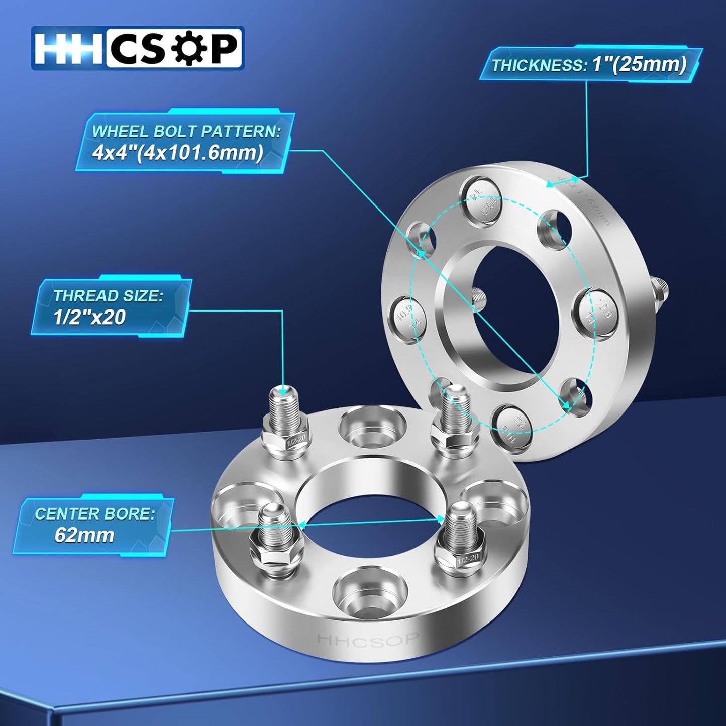HHCSOP 4x4 Golf Cart Wheel Spacers, 1 inch ATV Wheel Adapters for EZ GO EZGO Club Car, 4PCS 4x101.6mm Wheel Spacer Hub Bore 62mm with 1/2" x20 Studs - Silver