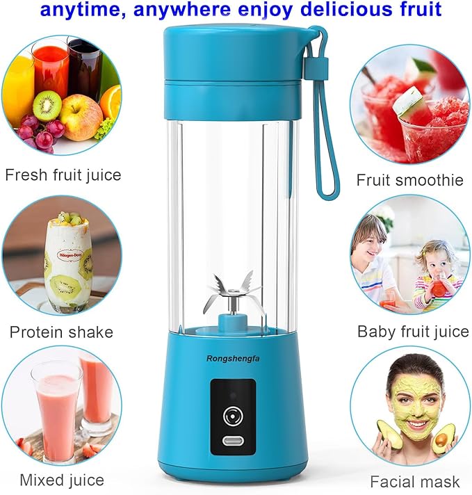 Portable Blender, Mini Personal Blender Bottles for shakes and smoothies，Cordless with USB-C Rechargeable To Go Mixer Electric Blender juicer Cup for Fruit Juice Protein mixes (Blue)