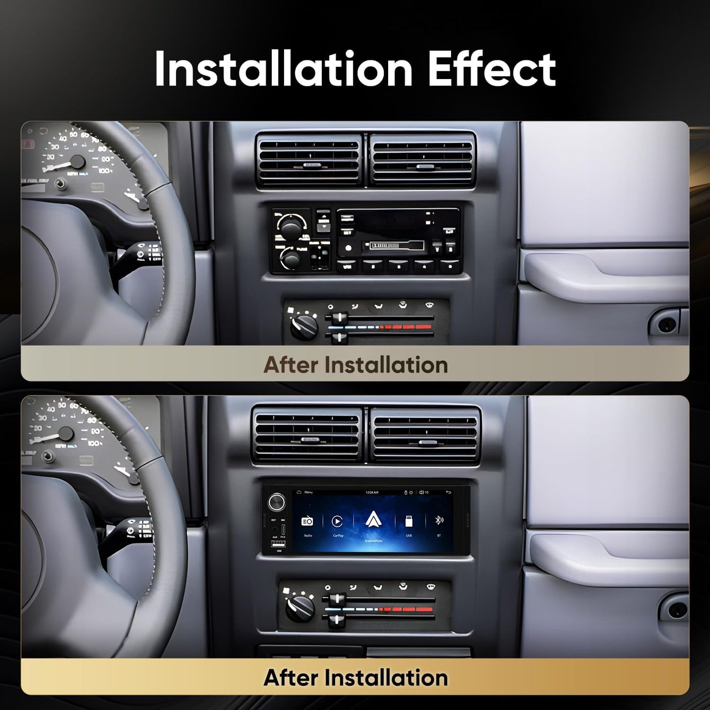 6.36" Single DIN Car Stereo - Wireless CarPlay & Android Auto | Linux System HD IPS Touchscreen Radio | Bluetooth 5.0 | USB-C/USB/FM/AM | EQ Controls | Microphone Included