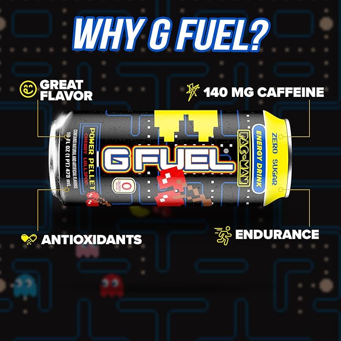 G Fuel Energy Drink, Cherry Lollipop, Sugar Free Beverage with 140mg Caffeine, Daily Energy Boost with Focus Amino, Vitamin + Antioxidants, 16 oz Cans (Pac-Man Power Pellet, 12-Pack)