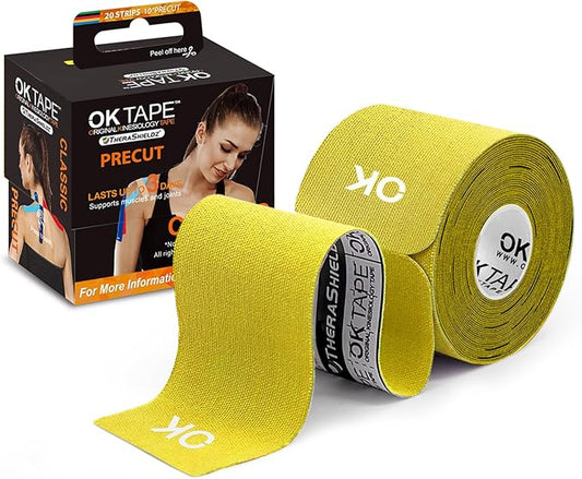 OK TAPE Kinesiology Tape 10 inches Precut, 20 Strips, Cotton Elastic Athletic Tape Latex Free, 2in x 16ft, Yellow