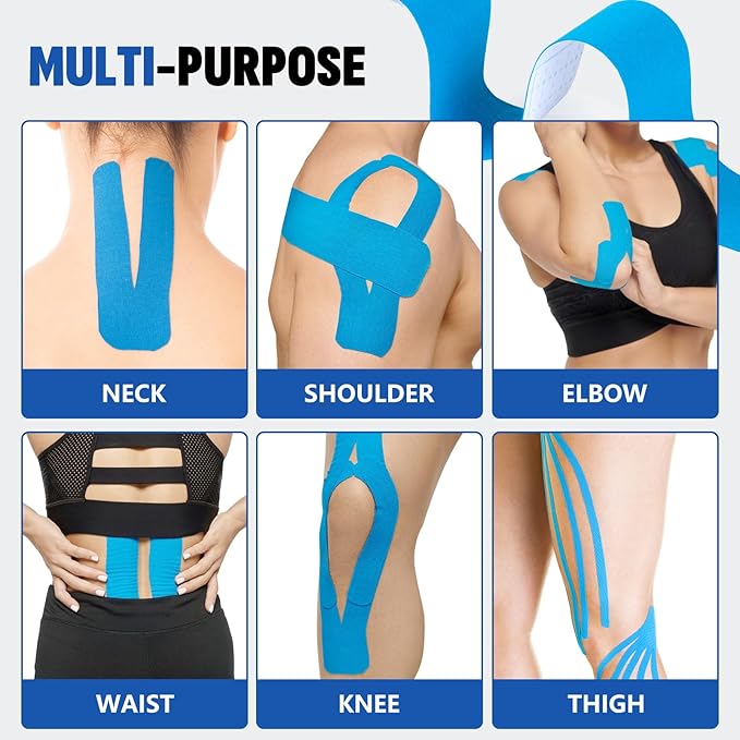 60PCS Precut Kinesiology Tape Strips, 2 inch x 10 inch Athletic Tape, Kinetic Tape, Elastic Muscle Tape, Sports Tape, Knee Tape for Exercise and Daily Use - Light Blue