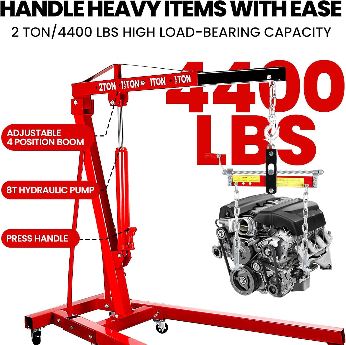 2 Ton Engine Hoist, Folding Hydraulic Cherry Picker Engine Hoist, 60.6x37x56.2 Inch Alloy Steel Hydraulic Lift with Lever, 6 Swivel Wheels and Engine Leveler, Garage Auto Repair Tools (Red)