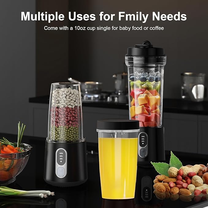 Portable Blender for Smoothies and Shakes, 2 Portable Blender Cups, 17 &10 oz Cordless Personal Small Blender with Straw Brush&Lid, USB-C Rechargeable, Quiet Mini Travel Blender, Black