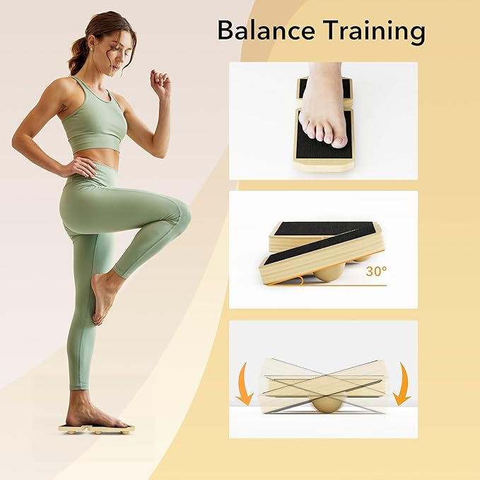 Single Leg Balance Board - Ankle Strengthener for Sprained, Wood Foot Trainer with non-slip pads for Plantar Fasciitis Relief, Posture Correction, Calf Stretching and Balance