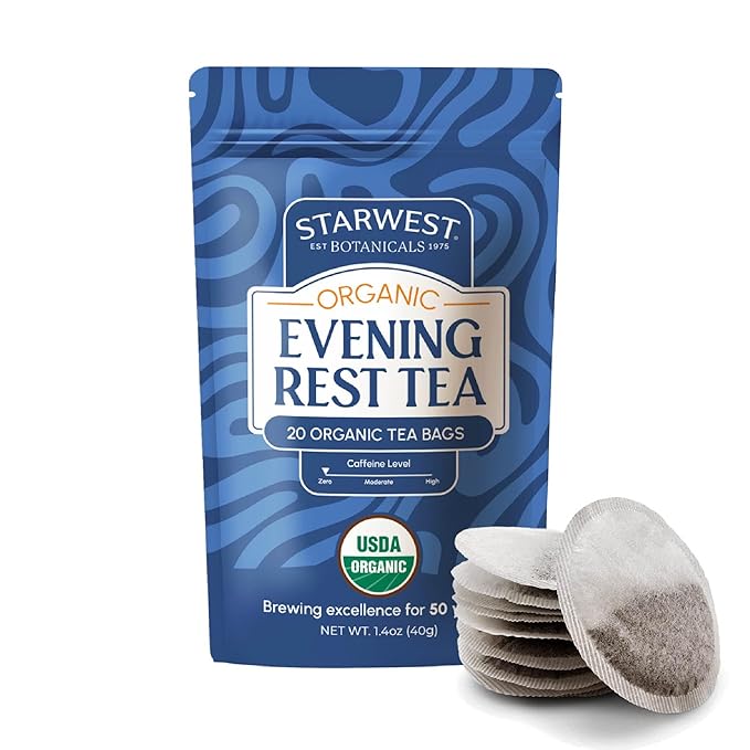 Starwest Botanicals Organic Evening Rest Tea - Caffeine Free Herbal Tea Blend for Sleep, Contains Chamomile & Lemon Balm, String Free Sachets, USDA Organic, Non GMO - 20 Tea Bags
