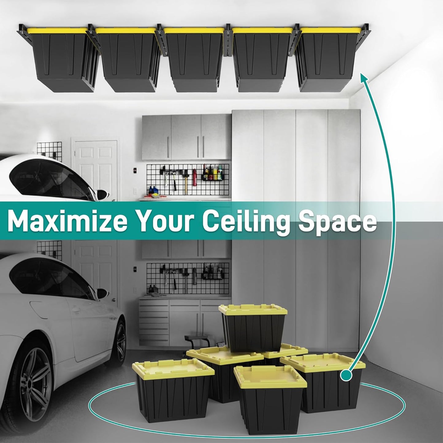 EVERHANGER Ceiling Storage Rack, Heavy Duty Overhead Garage Storage Rack, Adjustable Ceiling Bin Storage System, 4 Sets for 3 Bins, 26 Inch