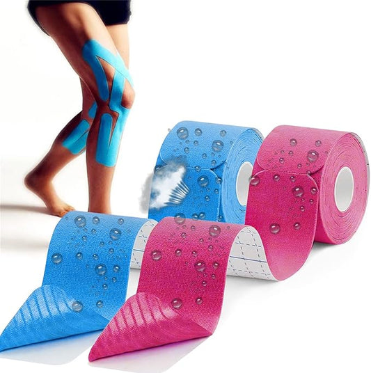 Kinesiology Tape precut (2 Rolls,40 Strips,2" X 10" Strips) Kinesiology Tape Waterproof Breathable Latex Free Tape for Ankle Wrists Knees Running Swimming Elastic Sports Activities Tapes(Blue+Pink)