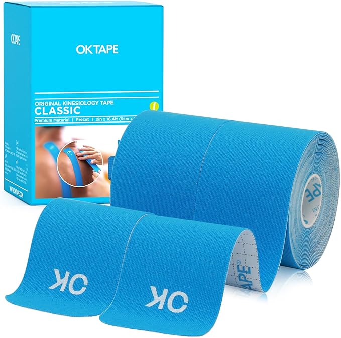 OK TAPE Kinesiology Tape 10 inches Precut, 20 Strips, Cotton Elastic Athletic Tape Latex Free, 2inch x 16ft, 2 Rolls Light Blue