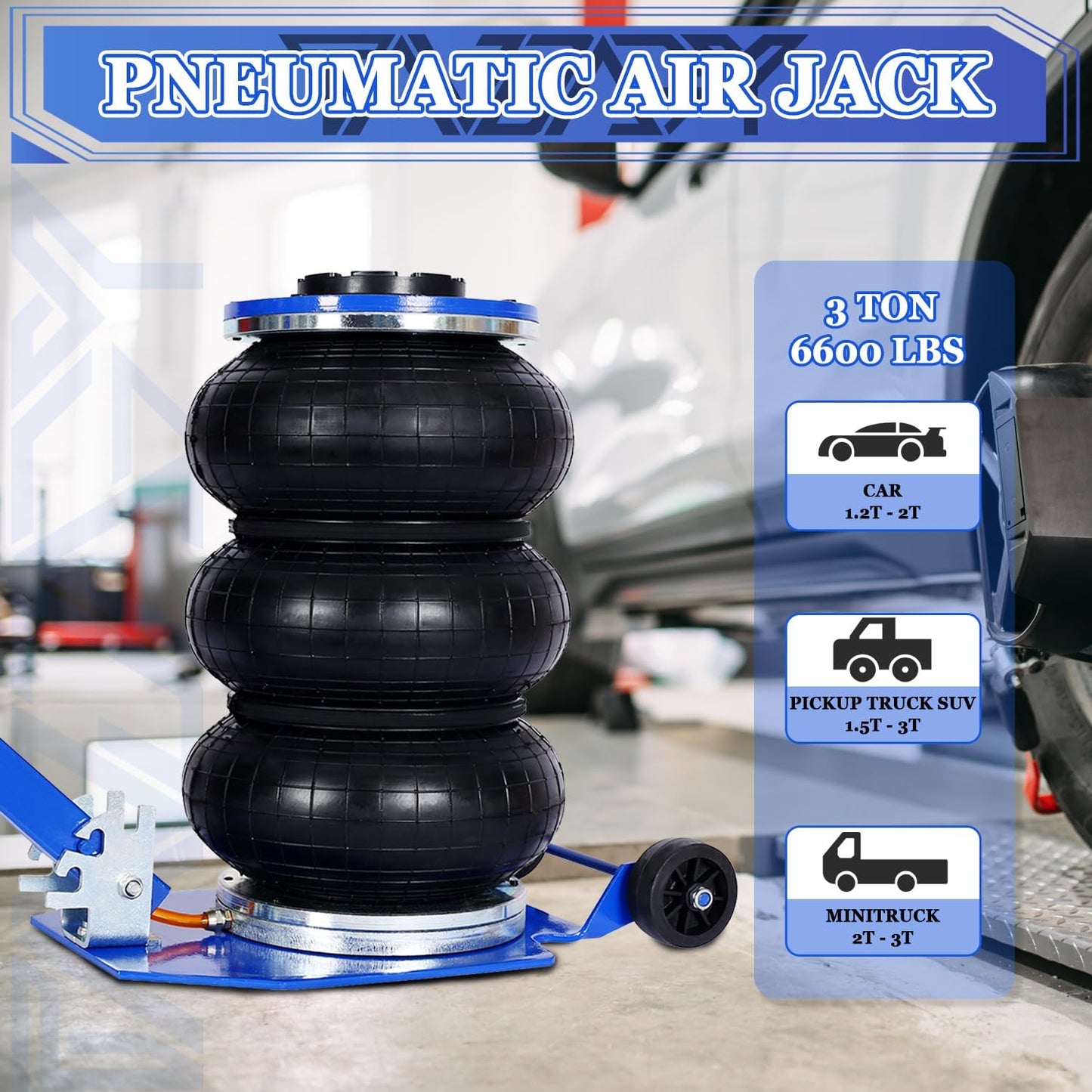 3T Triple Bag Air Jack 6600lbs Pneumatic Jack 3s Fast Lift Up 16in Airbag Jack with Adjustable Long Handle Heavy Duty Triple Air Bag Jack Lift for Cars Garage (Blue)