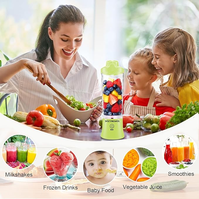 Cordless 21oz Portable Blender BPA Free With Personal Blender Cup, Best For Smoothie, Shakes, and Cocktails, With Durable Stainless Steel Blades, USB-C Rechargeable in Lime By WIZTRONIX