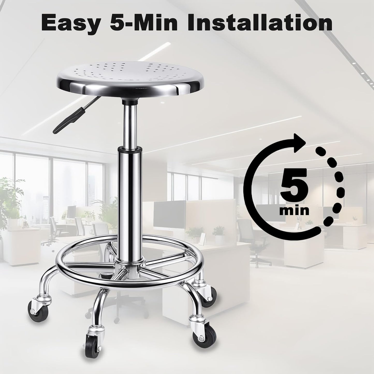 Rolling Stool, Stainless Steel Workbench Stool, Adjustable Swivel Stool Medical 5 Wheels, 304 Stainless Steel Structure Laboratory Round Pad, Load Capacity 445 lbs (Silver)