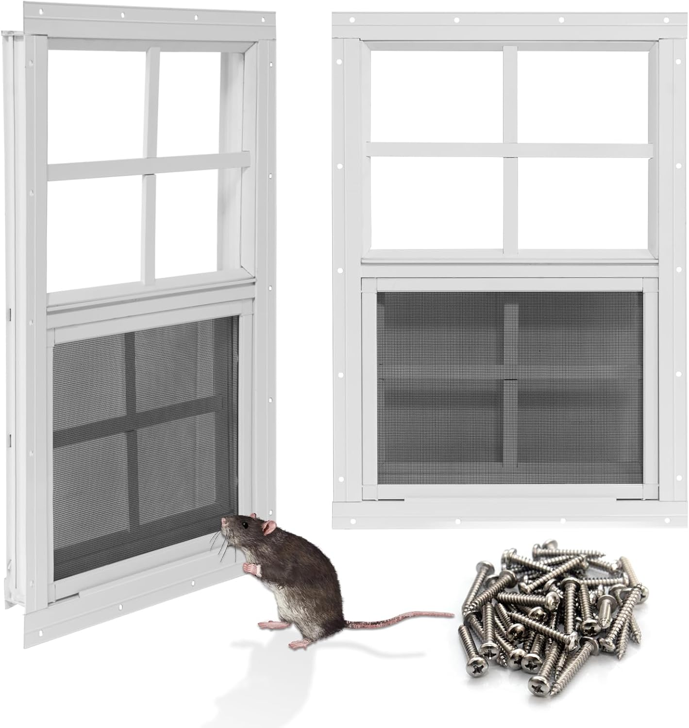 NeatiEase Upgraded Shed Windows 2 Pack, 14" x 21" Windows with Tempered Glass and Stainless Steel Screen for Shed, Chicken Coop, Playhouse, Household, Garage(White)