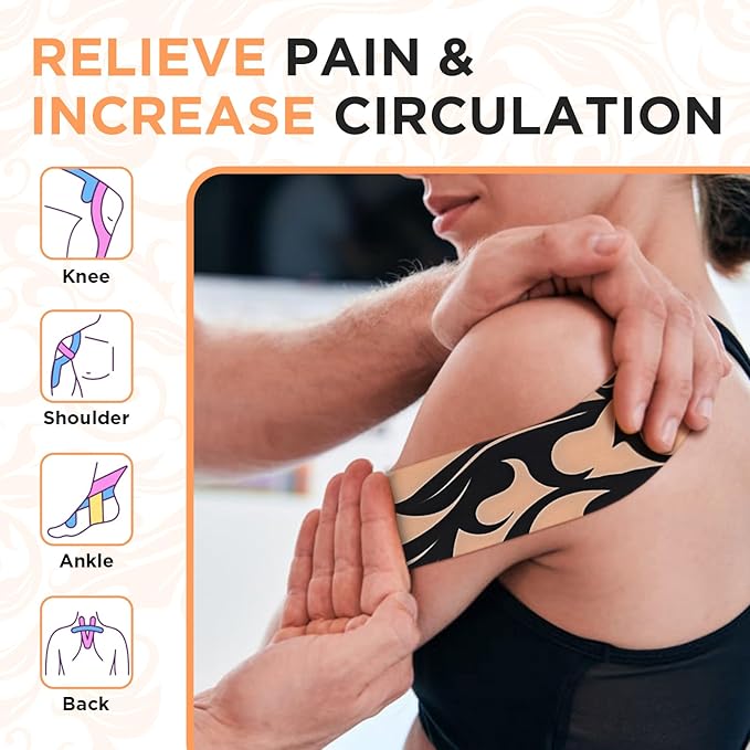 OK TAPE Synthetic Kinesiology Tape, Elastic Physical Therapy Athletic Tape for Pain Relief & Muscle Support, Uncut Kinetic Tape, 2in x 16.4ft- 2 Rolls (Flower)