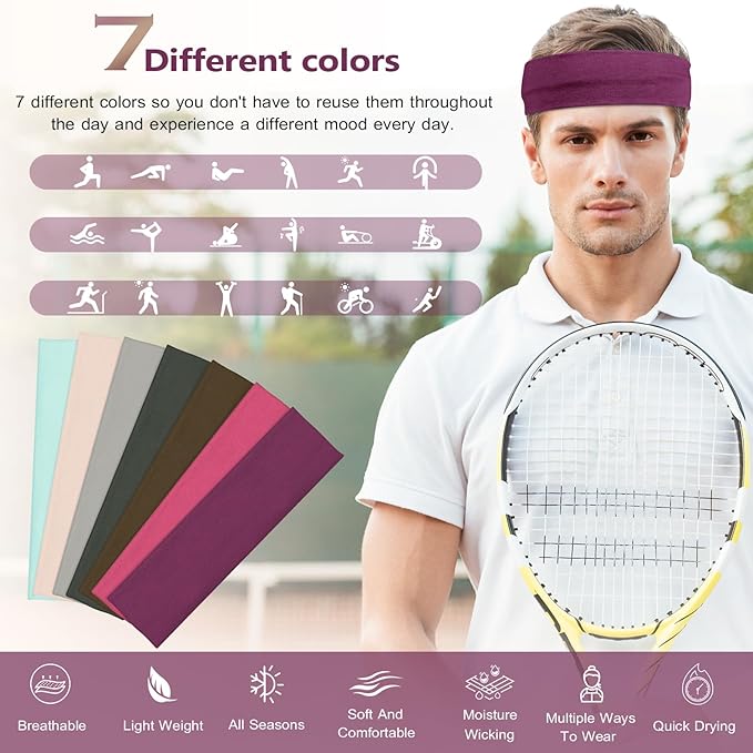 Headbands for Women Non Slip - 7PCS Fashion Sports Hair Bands for Women's Hair, Soft Cotton Cloth Stretchy Headbands for Women for Workout Yoga Running