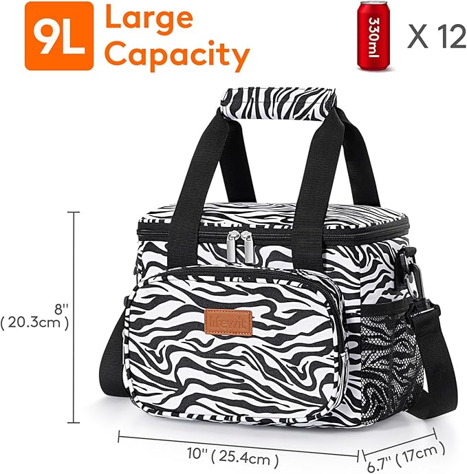 Lifewit Medium Lunch Bag Insulated Lunch Box Soft Cooler Cooling Tote for Adult Men Women, Zebra Stripes 12-Can (9L)