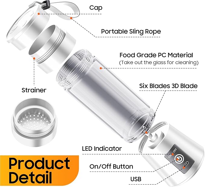 Personal Blender for Shakes and Smoothies - 2025 New Upgrade Cordless Portable Blender USB-C Rechargeable, 380Ml BAP Free Juice Cup, 6 Blades Freshly Squeezed for Picnic/Sprots, 20000Rpm/Min Speed