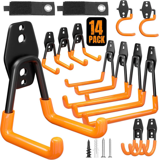 Garage Hooks Heavy Duty 14 Pack Utility Wall Mount Storage Hangers with Mop Broom Holders Extension Cord Holder Organizer for Power Tool Garden Tool Ladder Hose